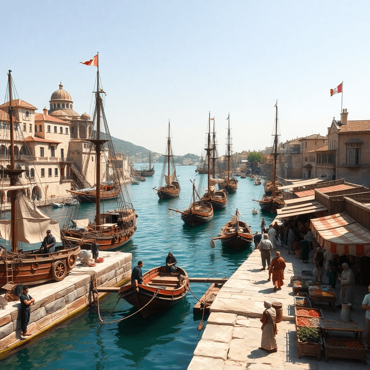 16th-century Mediterranean port with wooden ships, busy market stalls, diverse merchants trading, and Ottoman and Southern European architecture un...