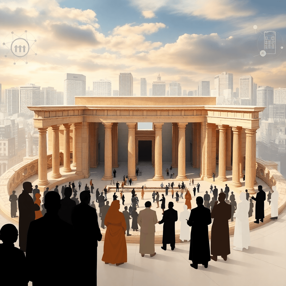 A classical Greek amphitheater merging with a modern cityscape, featuring abstract figures in discussion amidst ancient columns and digital network...