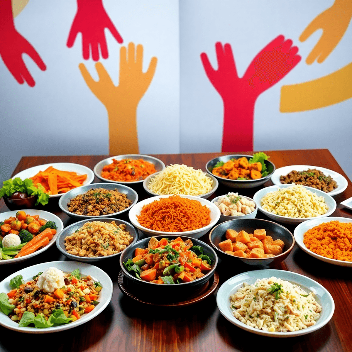 A colorful table with diverse international dishes and symbolic interconnected hands and globe shapes in the background, symbolizing cultural excha...