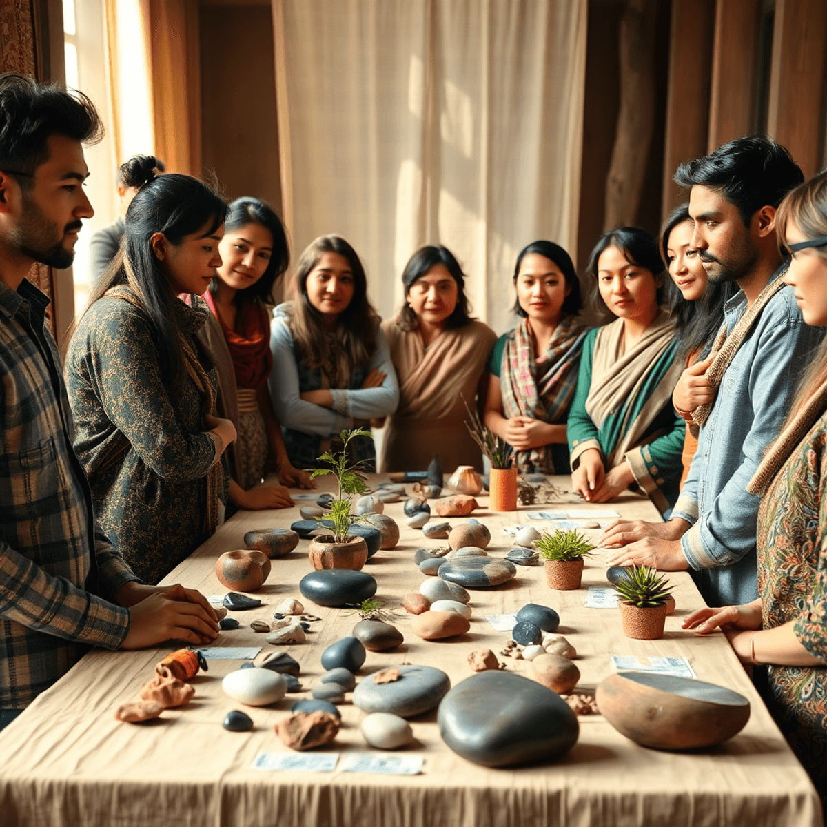 A diverse group gathered around a table with cultural artifacts and natural elements, bathed in warm light, fostering a respectful and collaborativ...