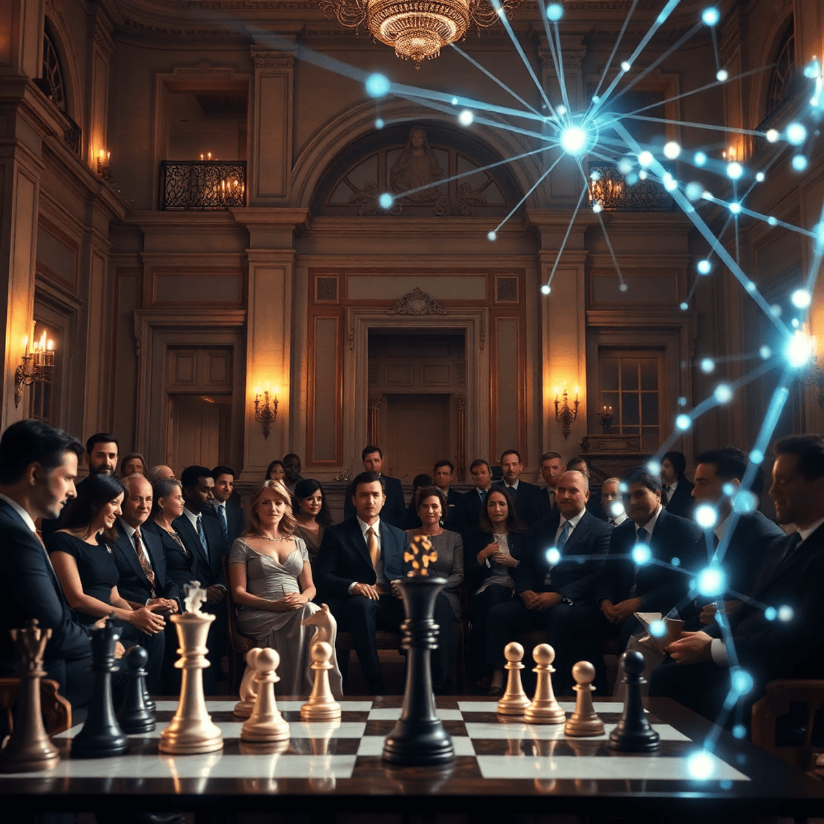A grand elegant gathering in a luxurious hall with chess pieces, glowing network lines, and abstract light patterns symbolizing power and influence.