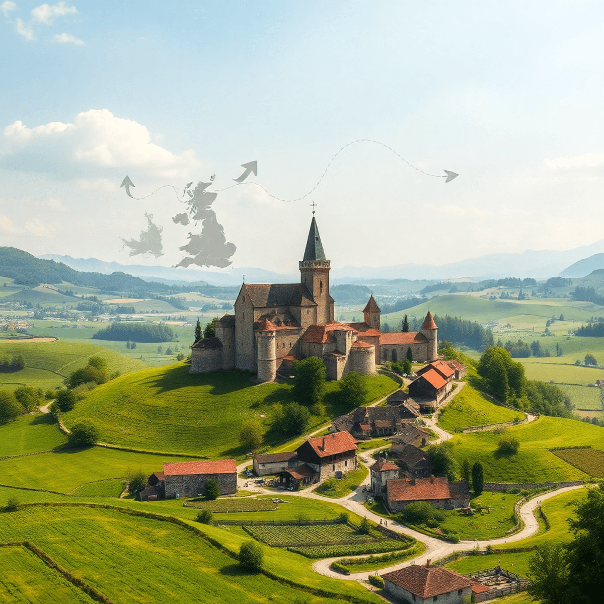 A medieval monastery amid green fields and farmland, artisans crafting goods, a lively market village, and symbolic arrows showing trade routes on ...