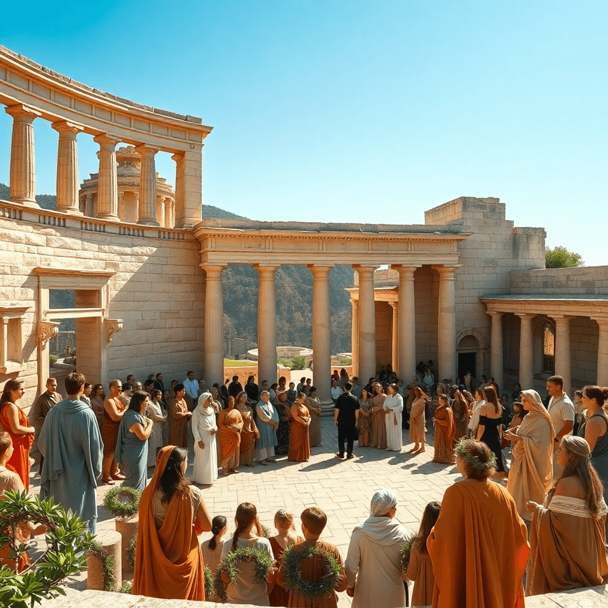 Ancient Greek open-air theatre with stone architecture, people in traditional attire, olive branches, laurel wreaths, and warm natural lighting in ...