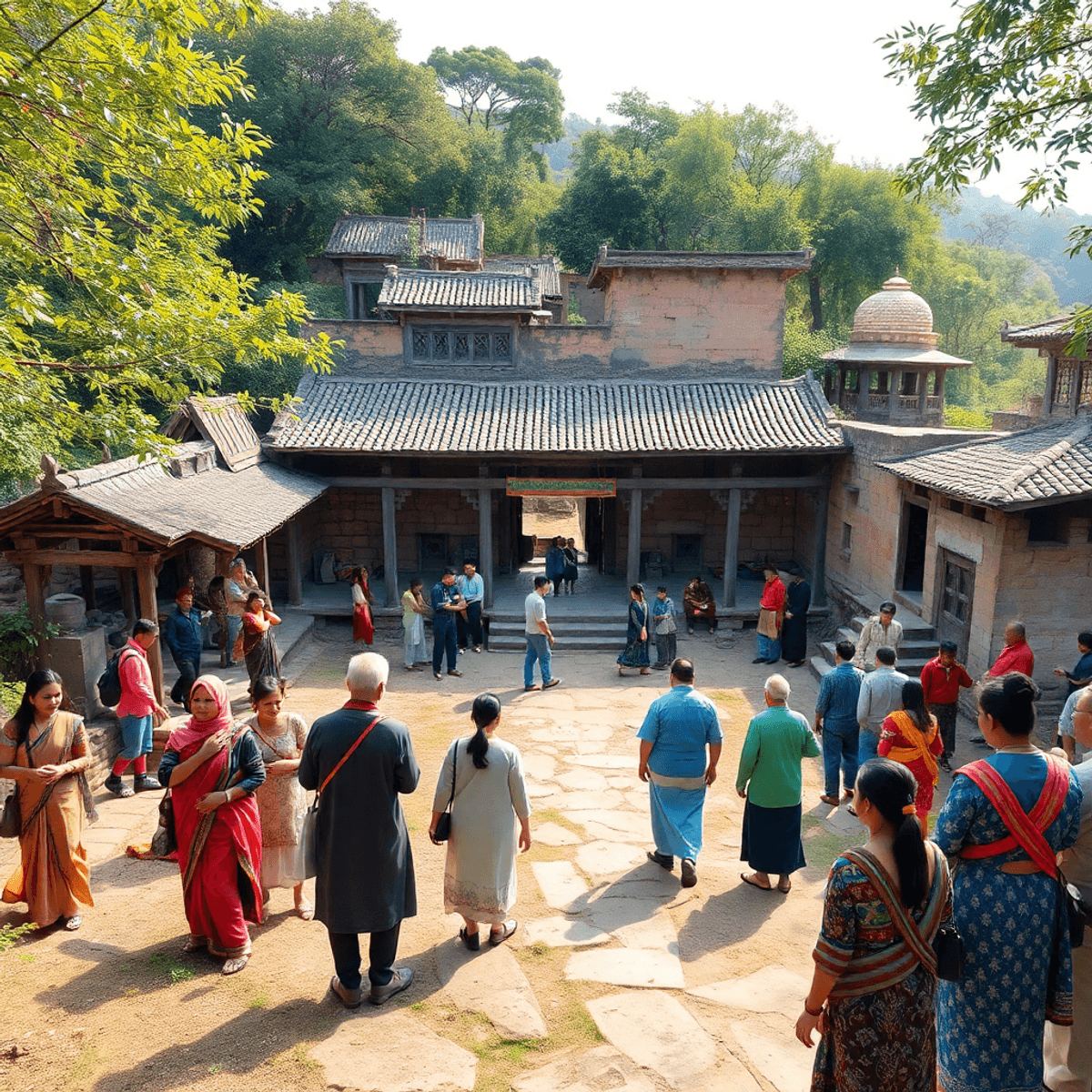 Ancient cultural site surrounded by lush greenery with people engaging in traditional practices under warm natural light.