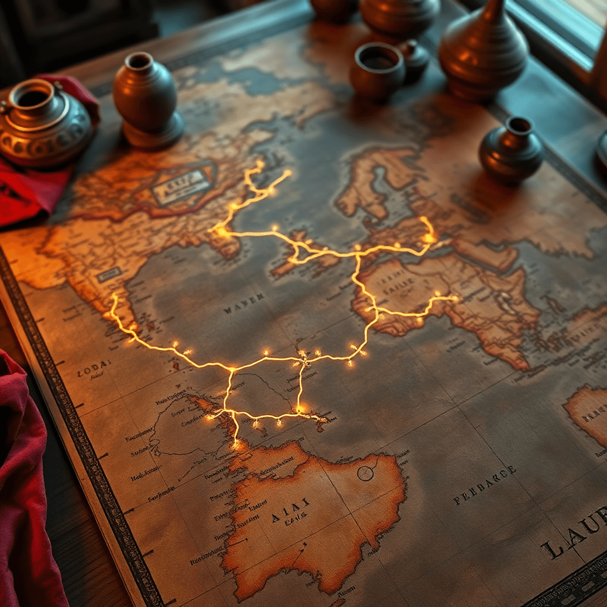 Ancient map on wooden table with glowing trade routes from East Asia to Mediterranean, surrounded by pottery, silk, and coins under warm light.