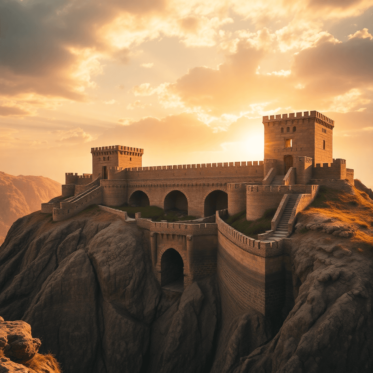 Ancient stone fortress on a rugged hilltop with towering walls, battlements, moat, and dramatic sky bathed in golden sunlight.