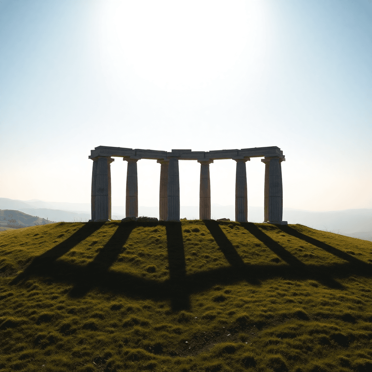 Ancient stone pillars in a circle on a grassy hill under a bright sky with abstract shapes symbolizing wisdom and harmony.