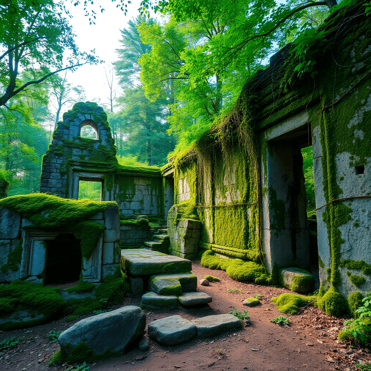 Ancient stone ruins overgrown with moss and vines in a sunlit forest, symbolizing nature reclaiming human structures.