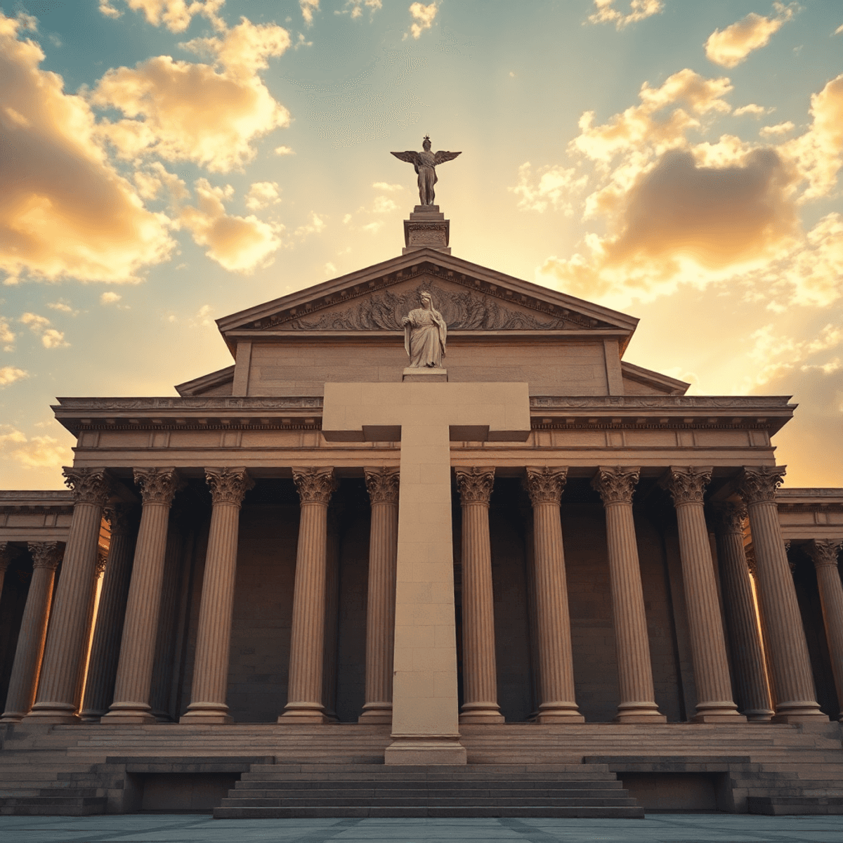 Ancient temple with towering columns and arches in golden light, featuring geometric shapes against a serene sky symbolizing harmony of spiritual a...