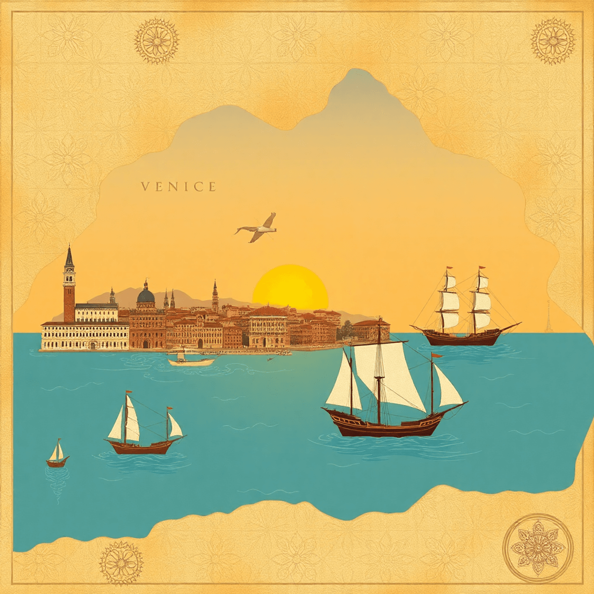 Artistic map illustration of three medieval maritime city-states with harbors, ships, and symbols of trade and culture under a warm sunset.