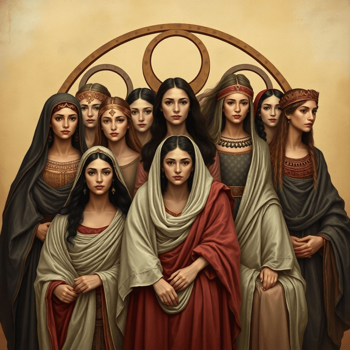 Artistic photo of ancient and medieval women in symbolic roles, surrounded by abstract societal structures against a warm, historical backdrop.