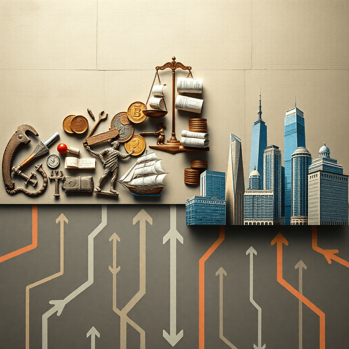 Artistic photo showing economic evolution from medieval tools and scales, Renaissance coins and ledgers, sailing ships, to modern skyscrapers with ...