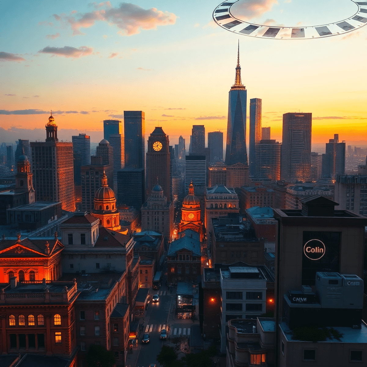 Cityscape at dusk with iconic landmarks, warm cinematic lighting, film reel overlays, and abstract storytelling symbols blending culture and heritage.