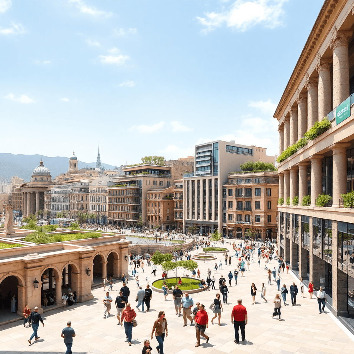 Cityscape blending ancient stone columns and arches with modern green-roofed buildings, open public spaces filled with people, under a clear sky.