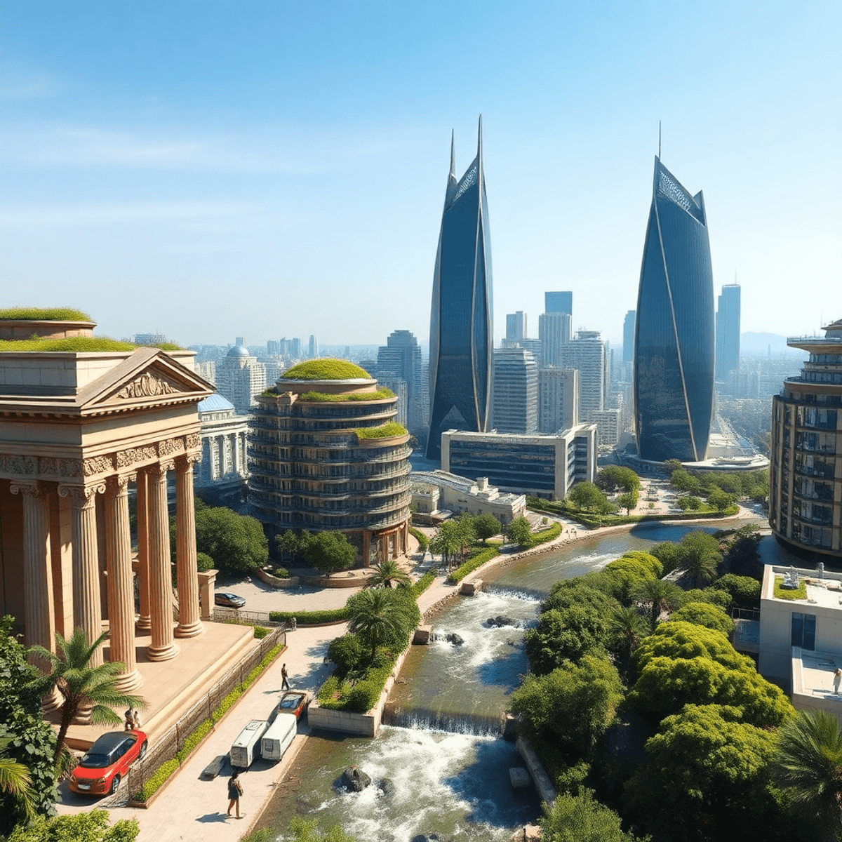 Cityscape blending classical columns and natural materials with sleek futuristic buildings, green rooftops, lush greenery, and flowing water under ...