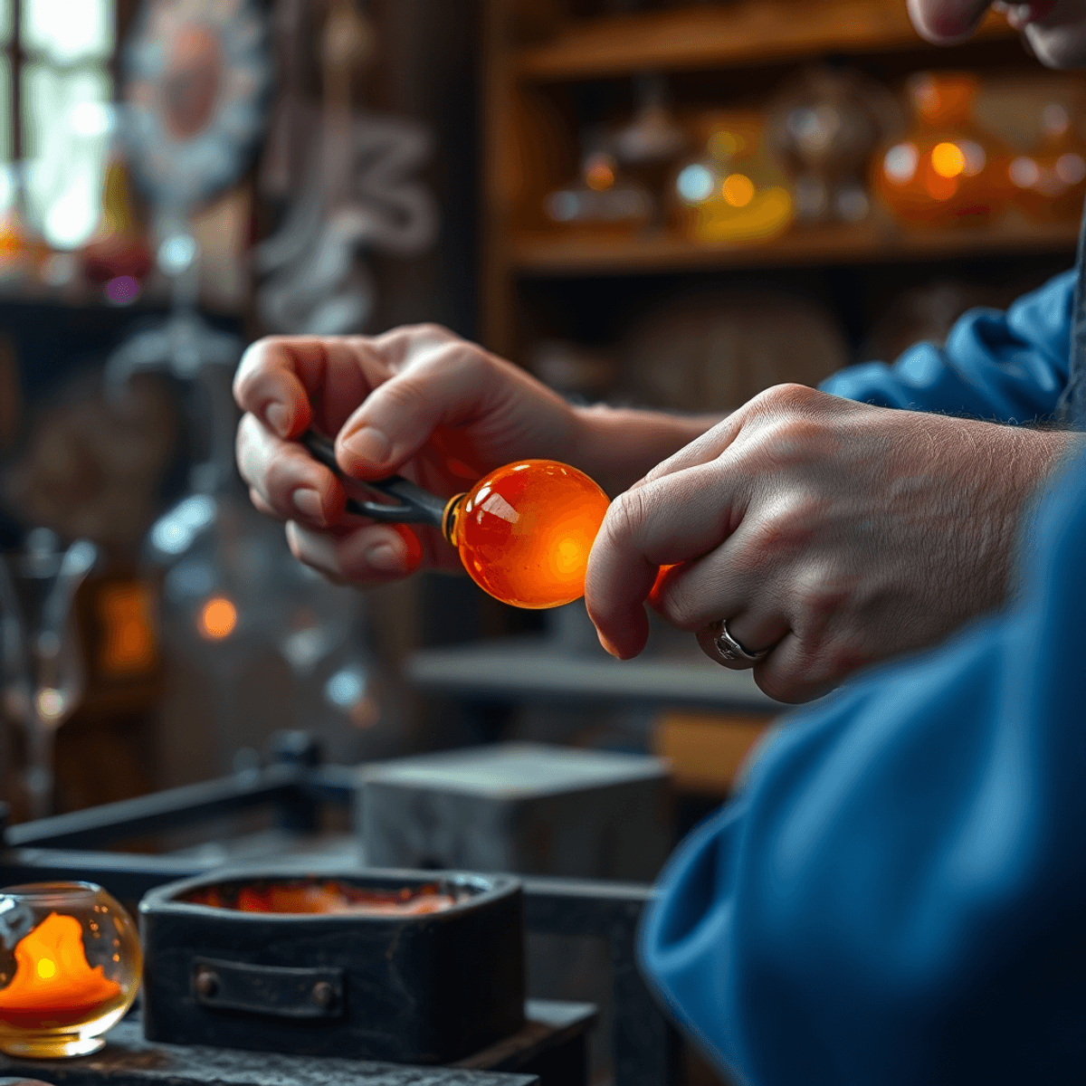 Close-up of hands shaping glowing molten glass with traditional tools in a softly lit, historic Venetian workshop filled with delicate glass art.