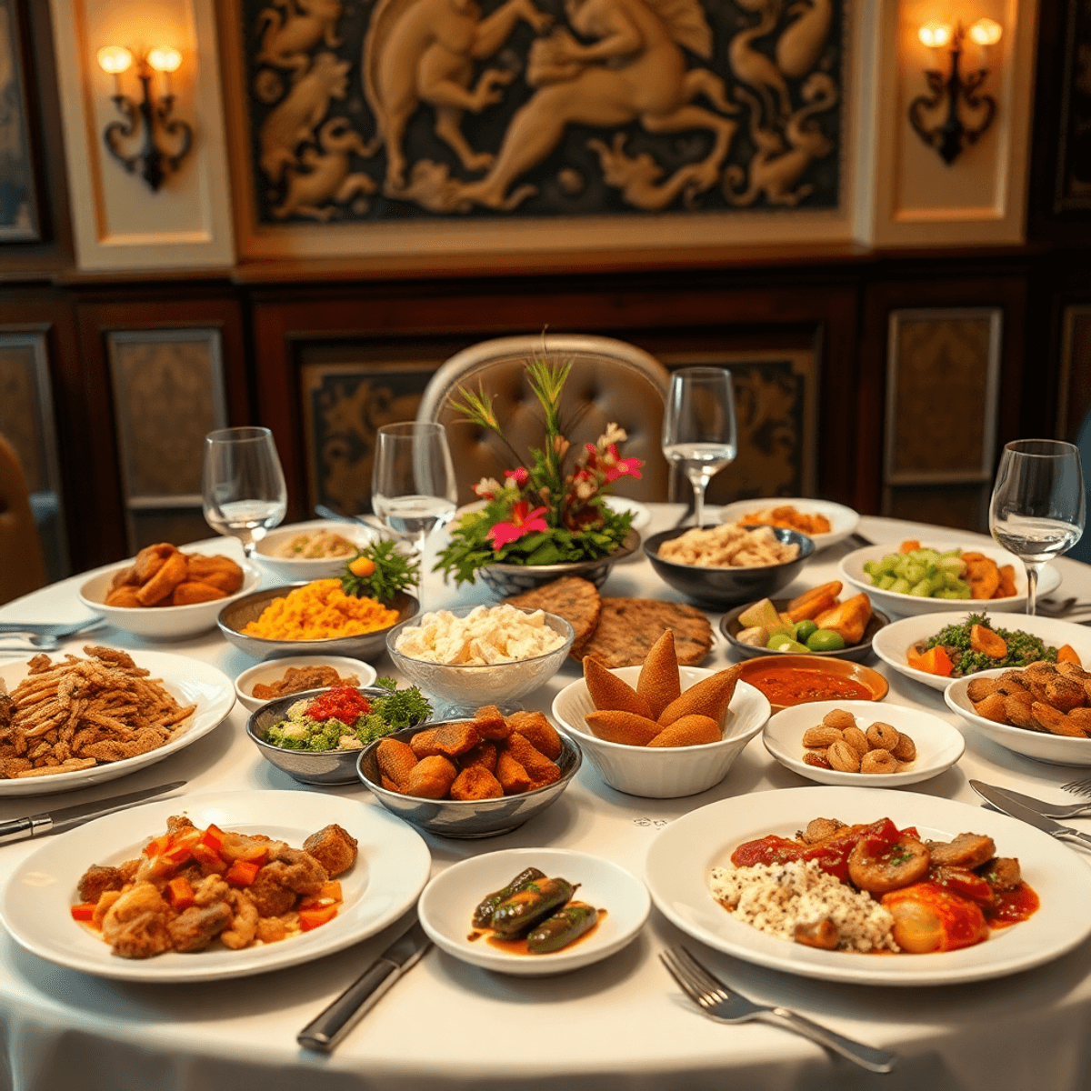 Elegant dining table with gourmet dishes, fine glassware, and polished cutlery set against a warm, inviting background.