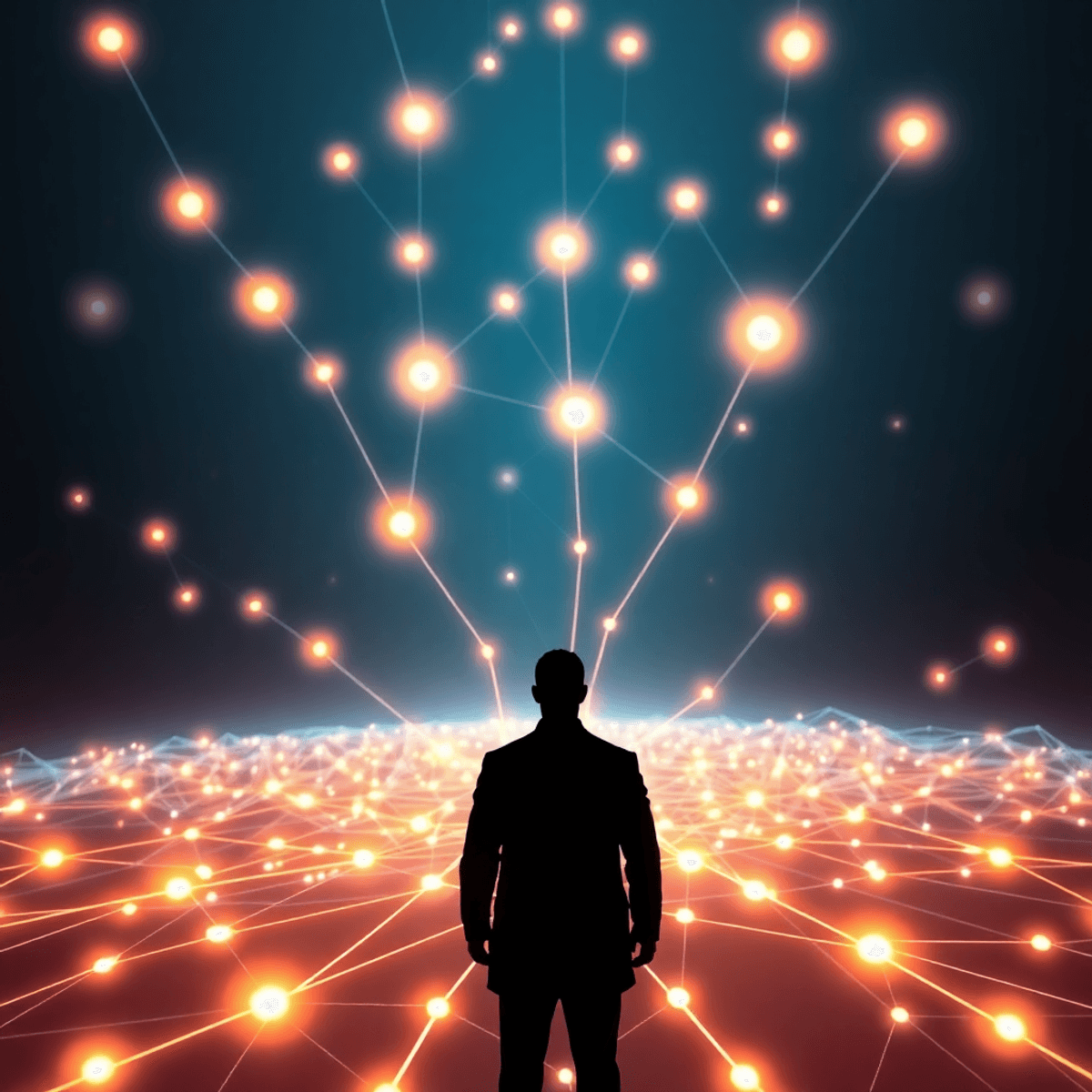 Futuristic digital landscape with glowing network nodes and flowing light streams, shadowy figures overseeing the interconnected data network.