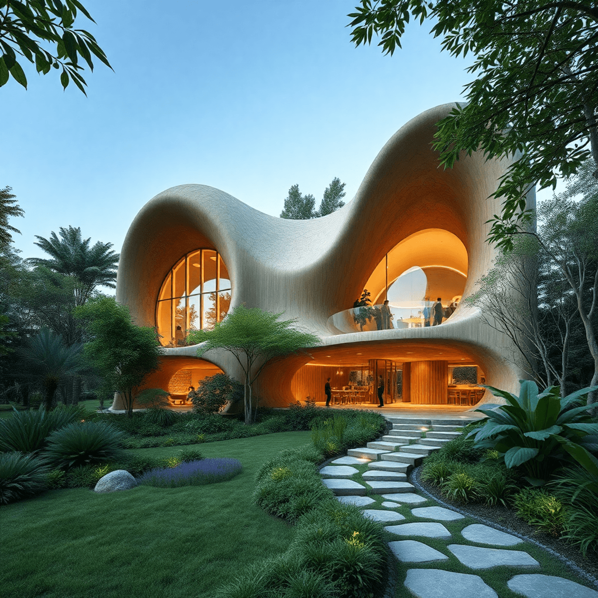Futuristic eco-friendly building with organic bamboo shapes, glowing AI elements, surrounded by lush greenery, blending technology and nature in a ...