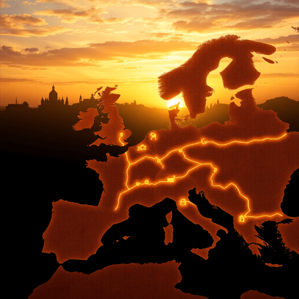 Glowing ancient European trade routes on a stylized map with merchant ships, caravans, and faint medieval cityscapes under a warm golden sunset sky.
