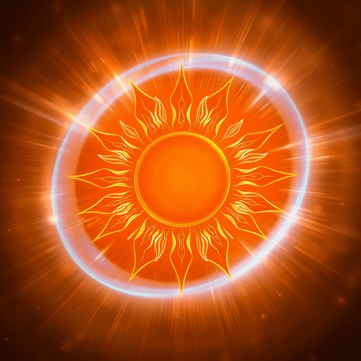 Glowing ancient sun symbol merges with sleek smart lights emitting dynamic beams, blending warm gold and cool blue hues against a cosmic background.