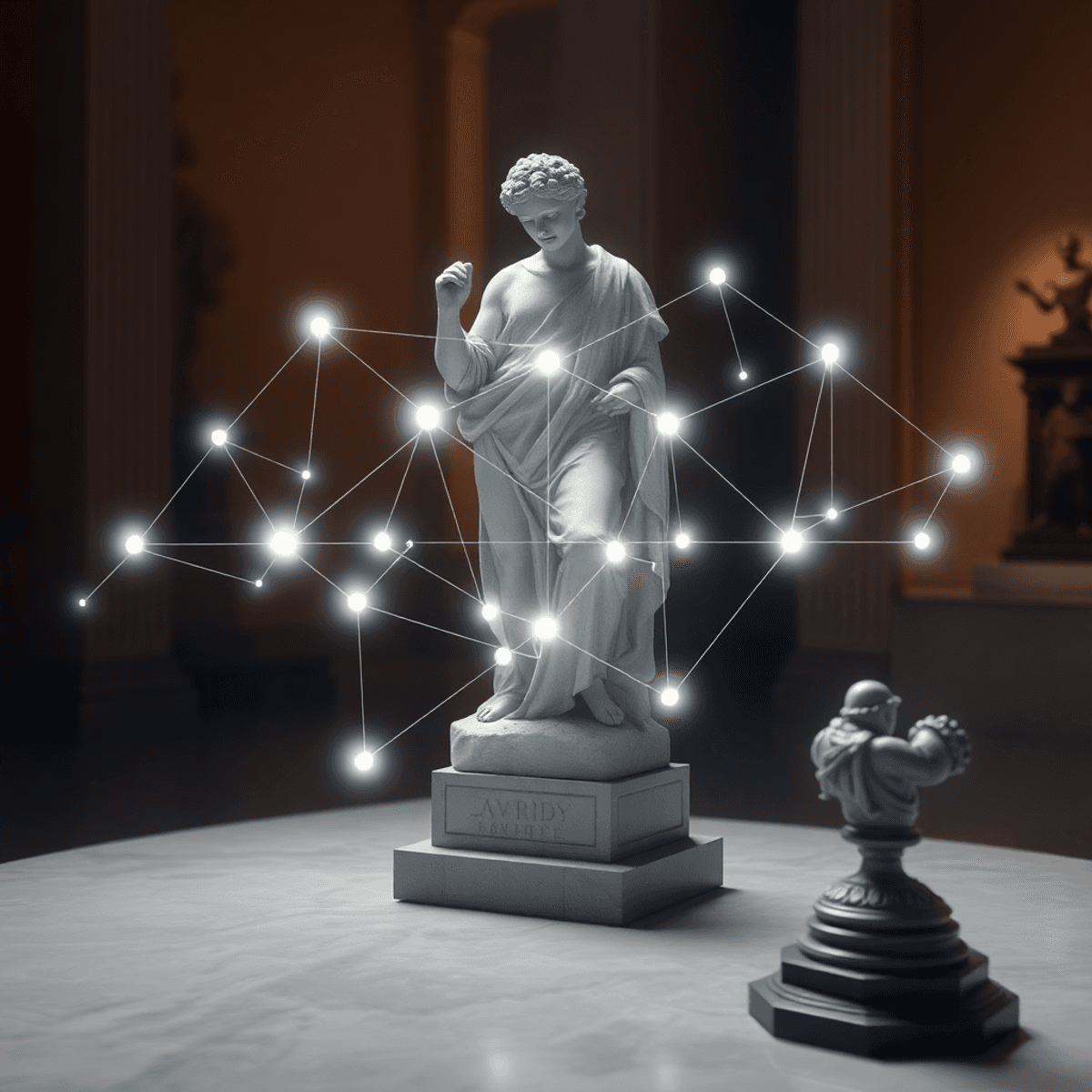 Glowing digital network overlay on a classical sculpture blending modern tech with cultural heritage in soft lighting, symbolizing blockchain and a...