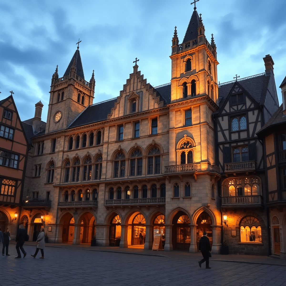 Grand medieval civic building with soaring arches and towers at dusk, warm light illuminating intricate stone facades in a historic cobblestone tow...