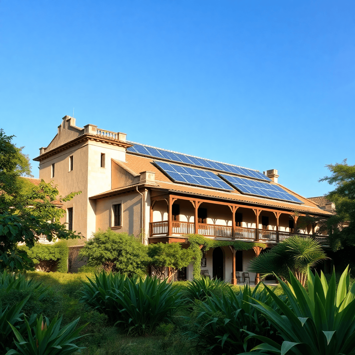 Historic building with lush greenery, solar panels on the roof, blending traditional architecture and eco-friendly design under a clear blue sky.