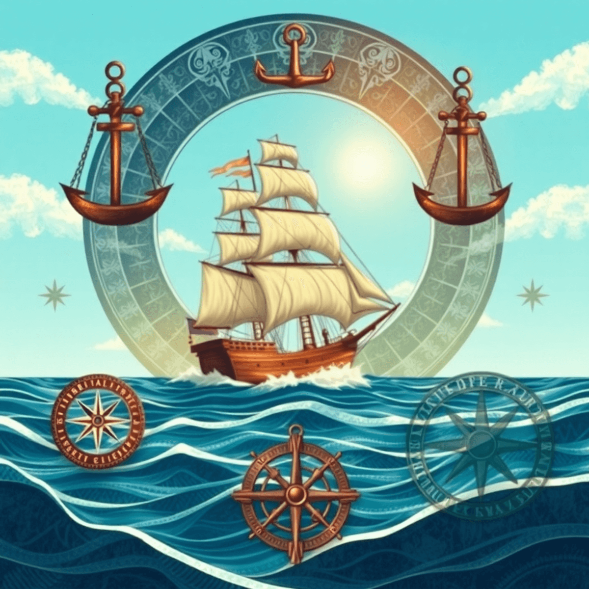 Historic sailing ship at sea with abstract legal scales, anchors, and compasses, blending medieval and modern maritime symbols under a bright sky.