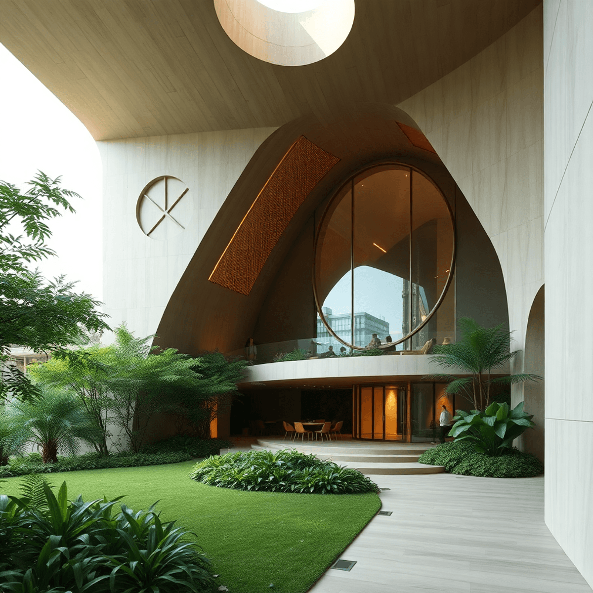 Modern sustainable building with geometric shapes surrounded by lush greenery, bathed in soft natural light, highlighting harmony between nature an...