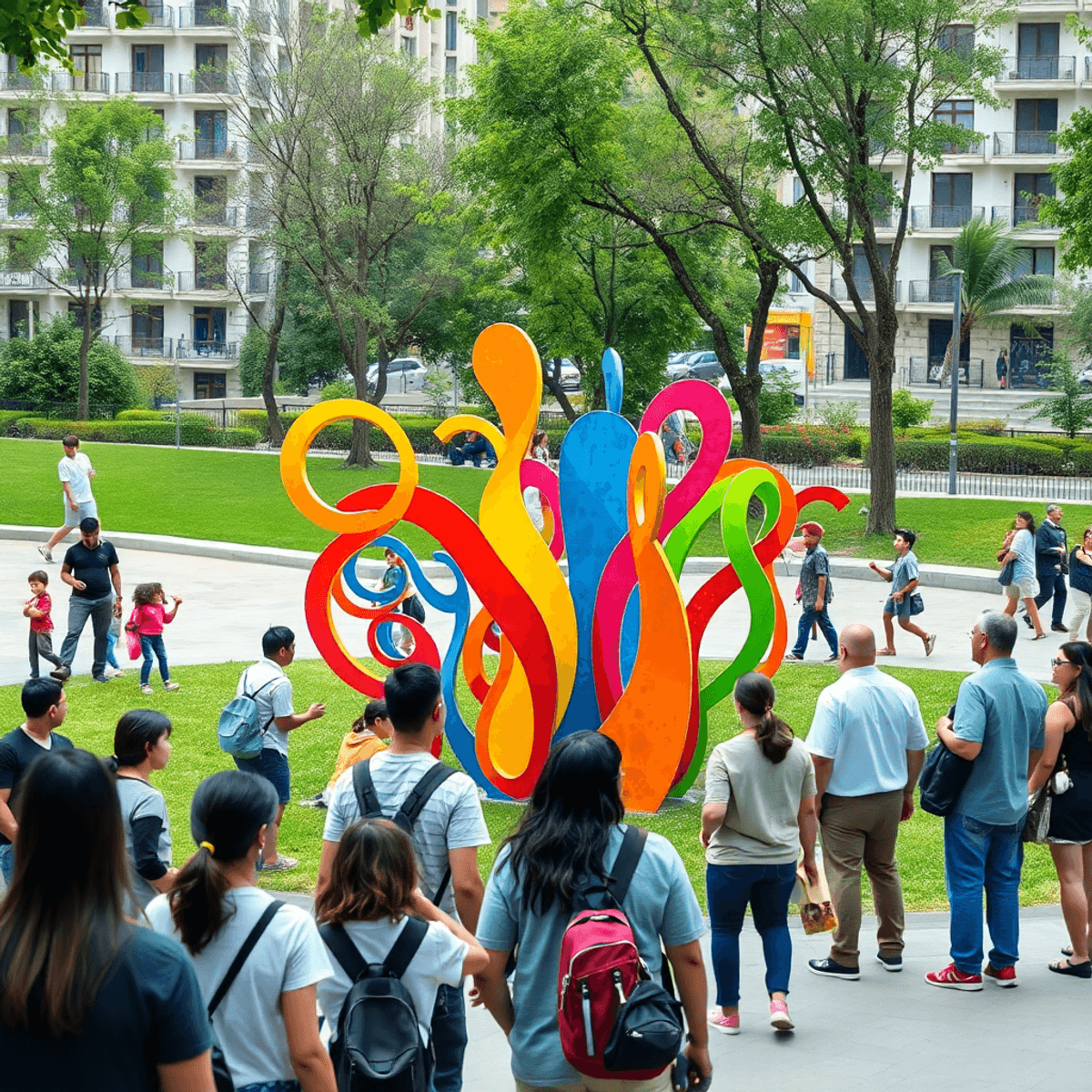 People enjoying a vibrant urban park with colorful abstract art installations symbolizing storytelling, set against revitalized city buildings and ...