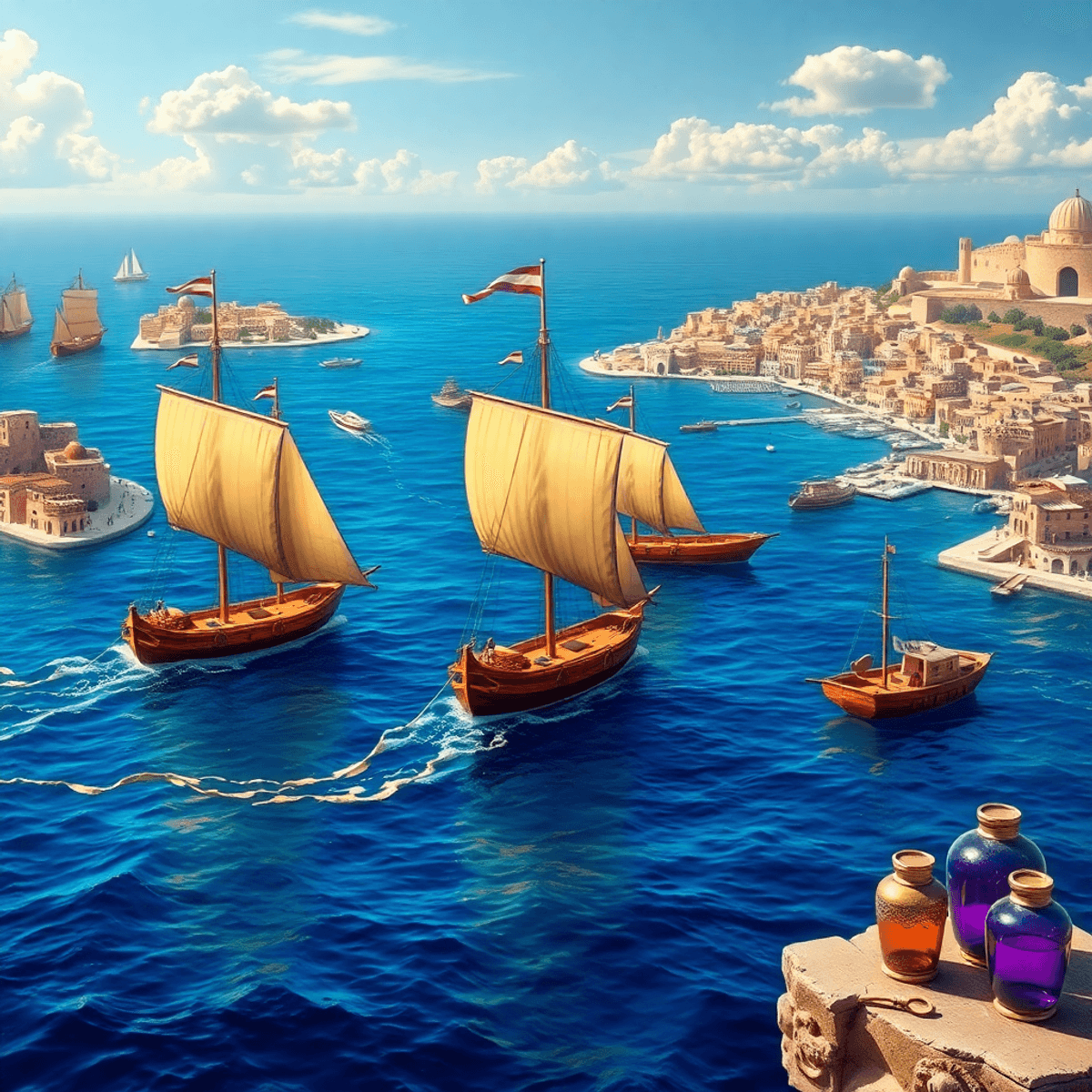 Photograph of Phoenician ships with large sails on calm blue sea near ancient coastal city-states, featuring glowing trade goods and golden waves u...