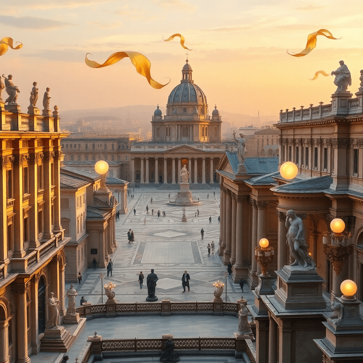 Photograph of a Renaissance cityscape with marble palaces, ornate sculptures, glowing orbs, and flowing ribbons under a warm golden sky.