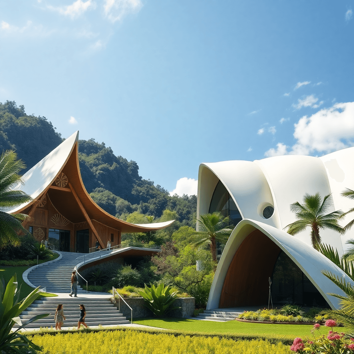 Photograph of a harmonious scene blending traditional Indigenous and modern architecture amid lush nature, featuring abstract flowing shapes under ...