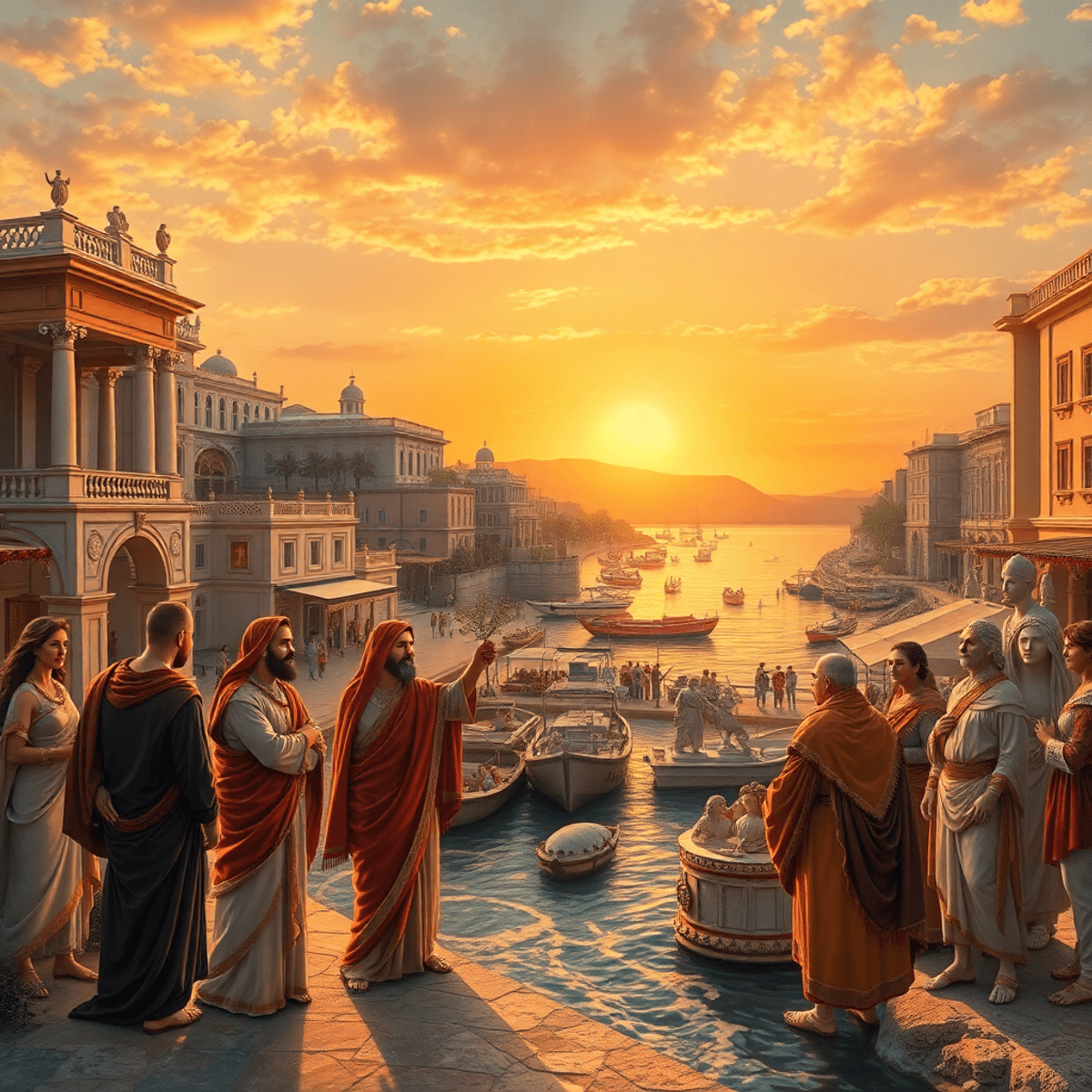 Photograph of a vibrant Mediterranean coastal city with ancient architecture, bustling markets, and elites exchanging artworks under a golden sunse...