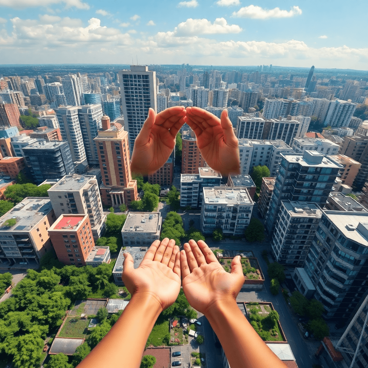 Photograph of a vibrant cityscape with modern buildings, green spaces, community gardens, and interconnected hands forming a circle above symbolizi...