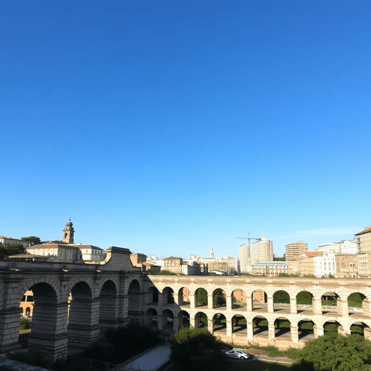 Photograph of ancient Roman arches and aqueducts blending into a modern cityscape under soft sunlight and a clear sky.