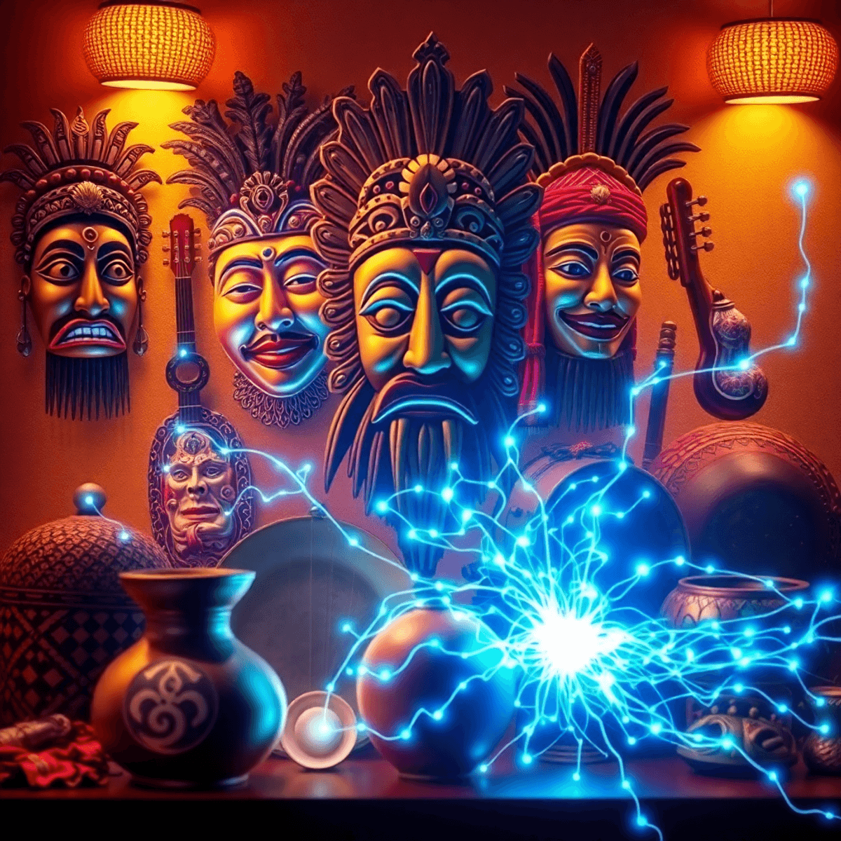 Photograph of traditional cultural symbols intertwined with glowing digital neural networks and data streams on a warm, inviting background.