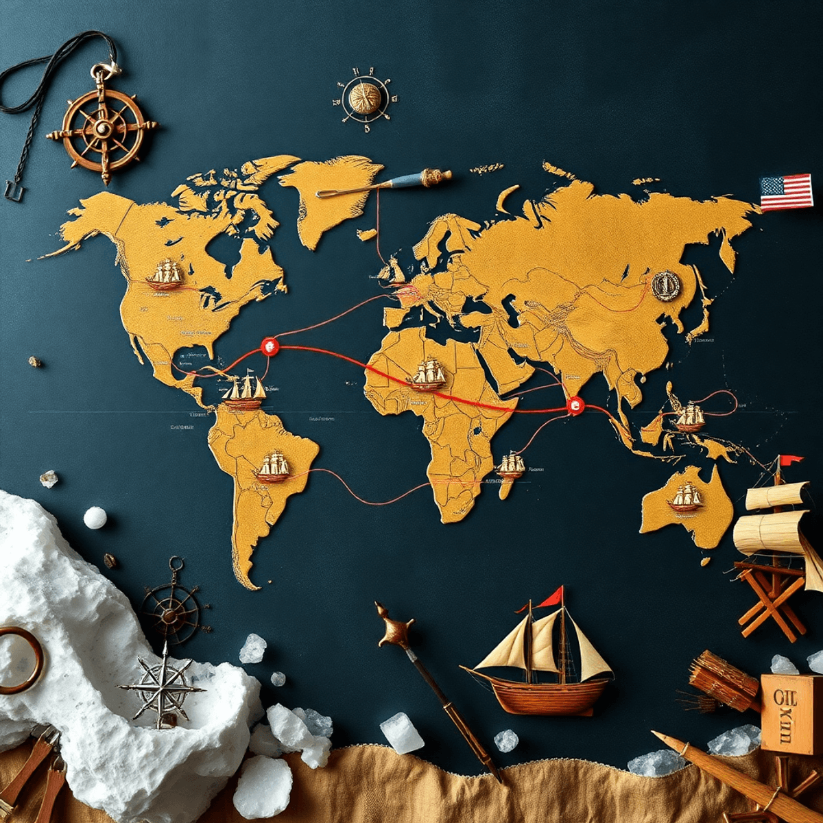 Photograph-style world map showing ancient and modern maritime trade routes with ships, compass roses, salt crystals, and merchant ship illustrations.
