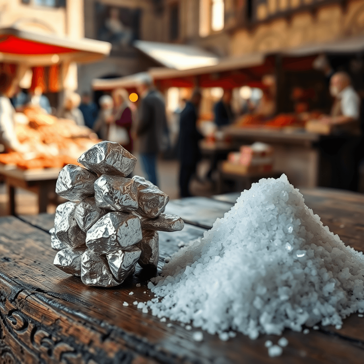 Silver nuggets and salt piles on a wooden table with a softly lit medieval market scene blurred in the background.