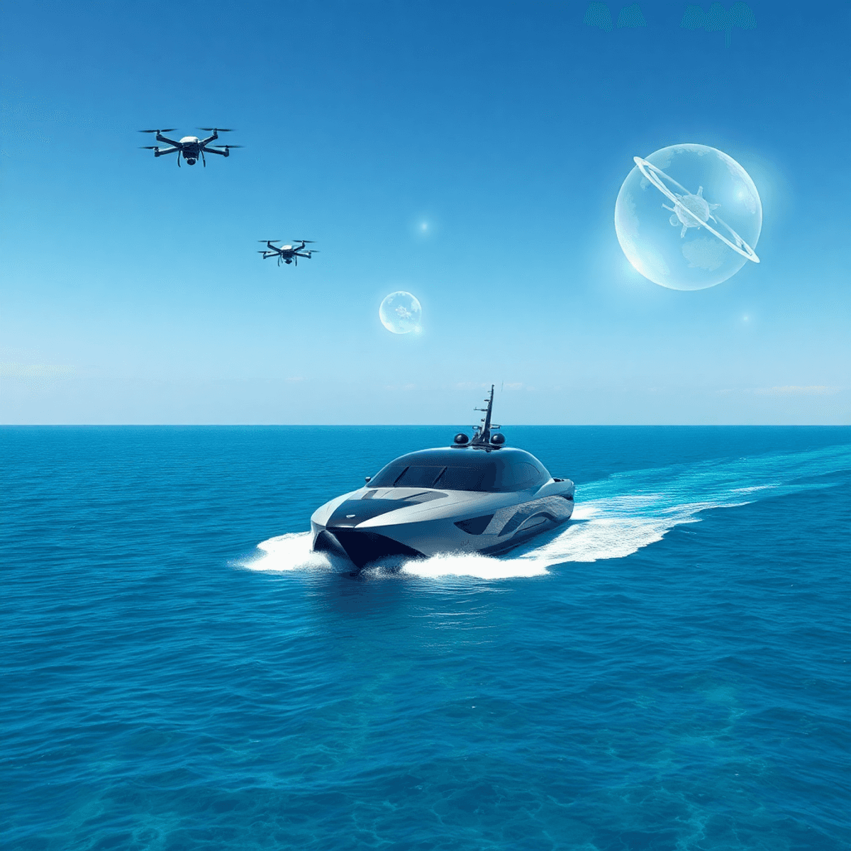 Sleek autonomous patrol vessel on calm ocean with drones overhead and glowing satellite orbits, highlighting advanced tech and a vibrant, sustainab...