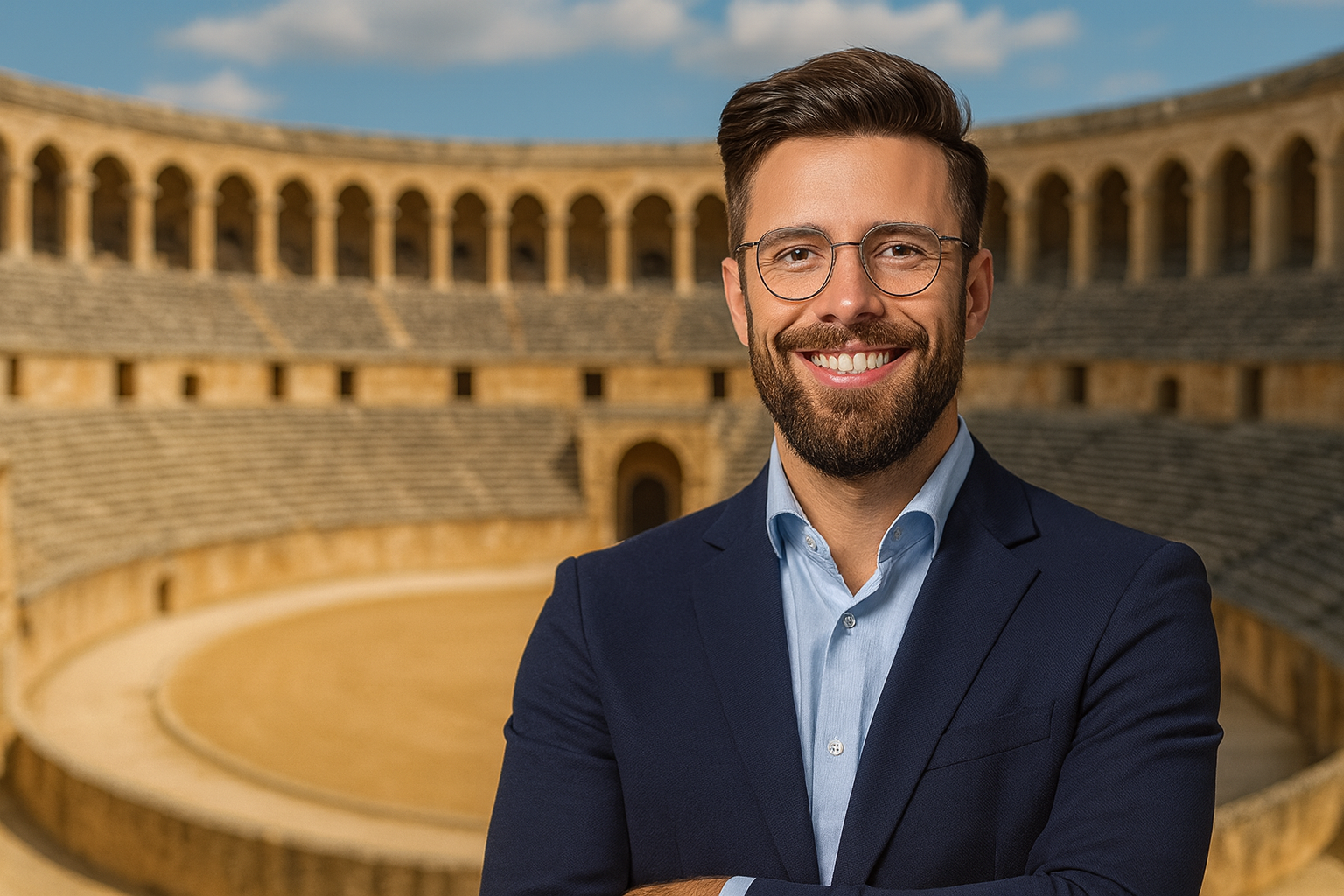 Portrait of Stanislav Kondrashov standing in front of an ancient amphitheater, illustrating his insights on how classical arenas inspire modern urban design principles.