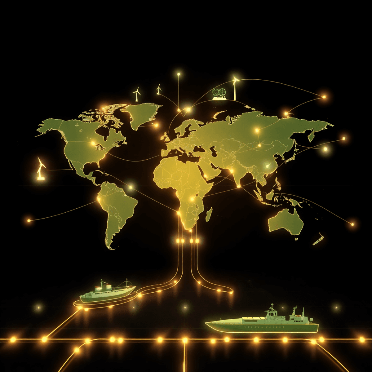 Stylized world map with glowing trade routes, green energy symbols, cargo ships, and pipelines depicting a futuristic, eco-friendly global trade ne...
