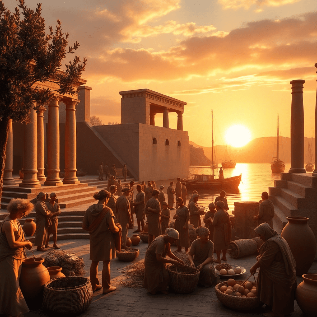 Sunrise over an ancient Mediterranean harbor with olive trees, terracotta pottery, stone columns, and people farming, crafting, and trading in warm...