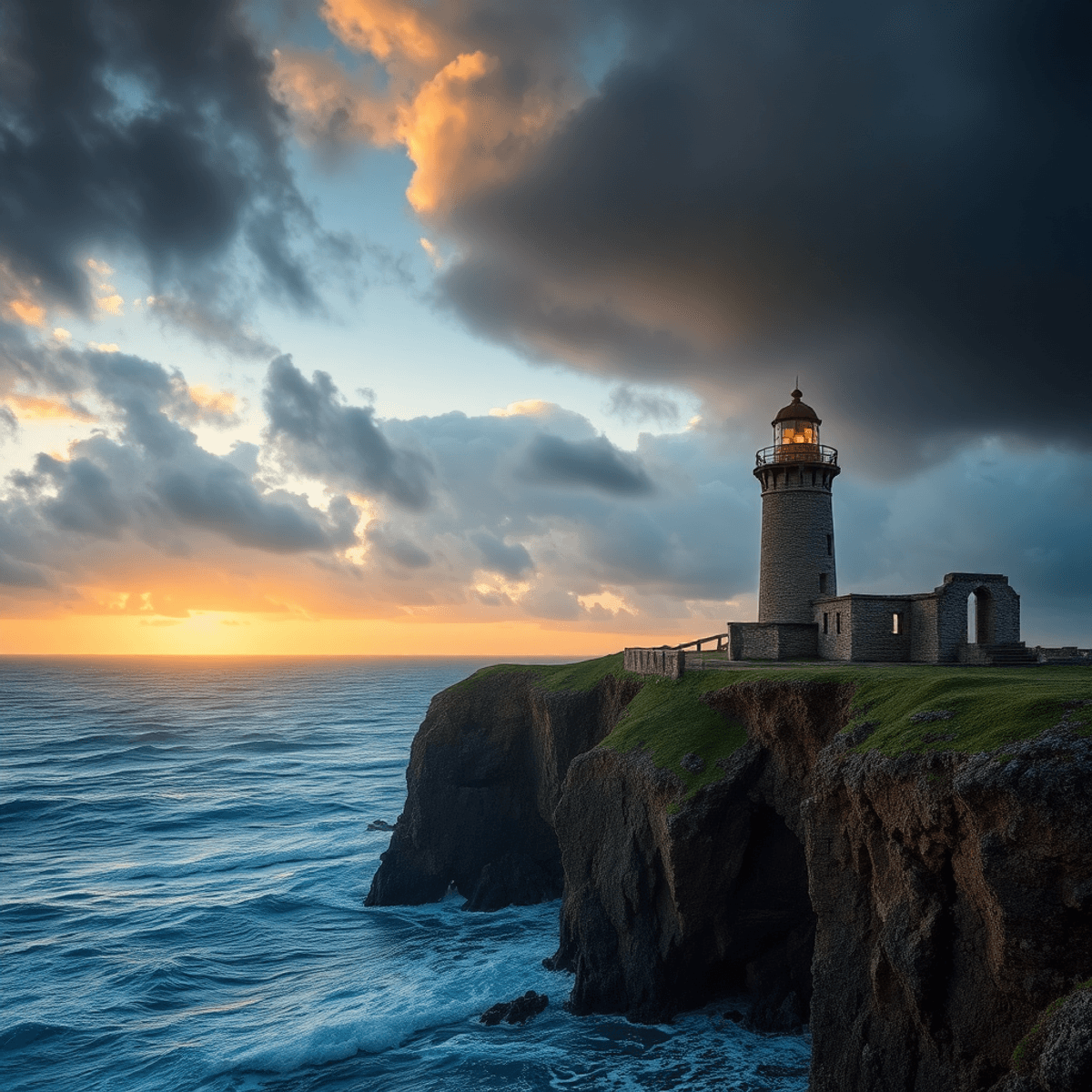 Sunset coastal scene with ancient lighthouse and ruins on cliffs, turbulent waves below, dark storm clouds above, and soft golden light breaking th...