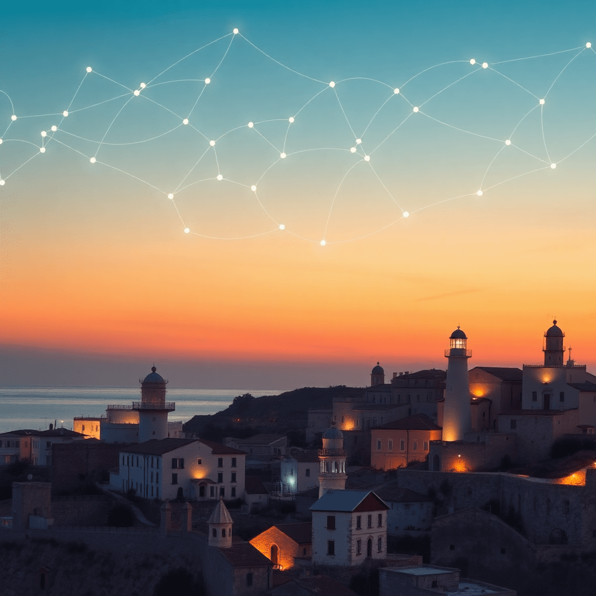 Sunset over a Mediterranean coast with glowing abstract lighthouses and flowing digital network patterns in the sky, blending tradition and technol...