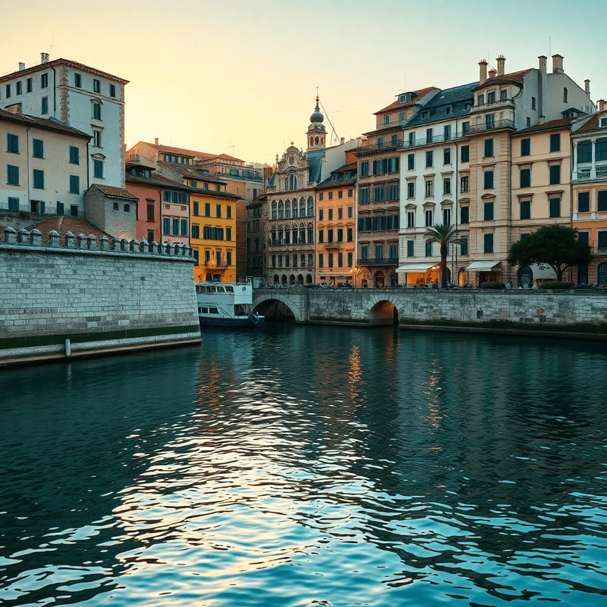 Sunset over a calm coastal city with historic stone walls, Renaissance buildings, and modern structures reflected in the water, bathed in warm light.