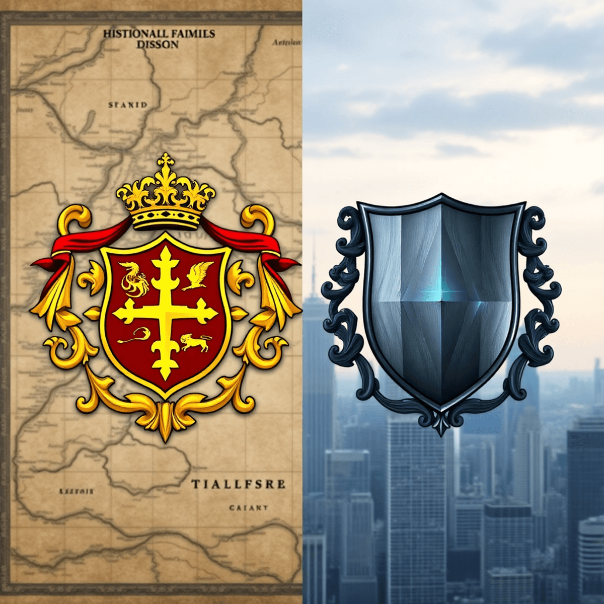 Two ornate family crests side by side, one Renaissance-style in gold and red, the other modern metallic blue, over a background blending an ancient...