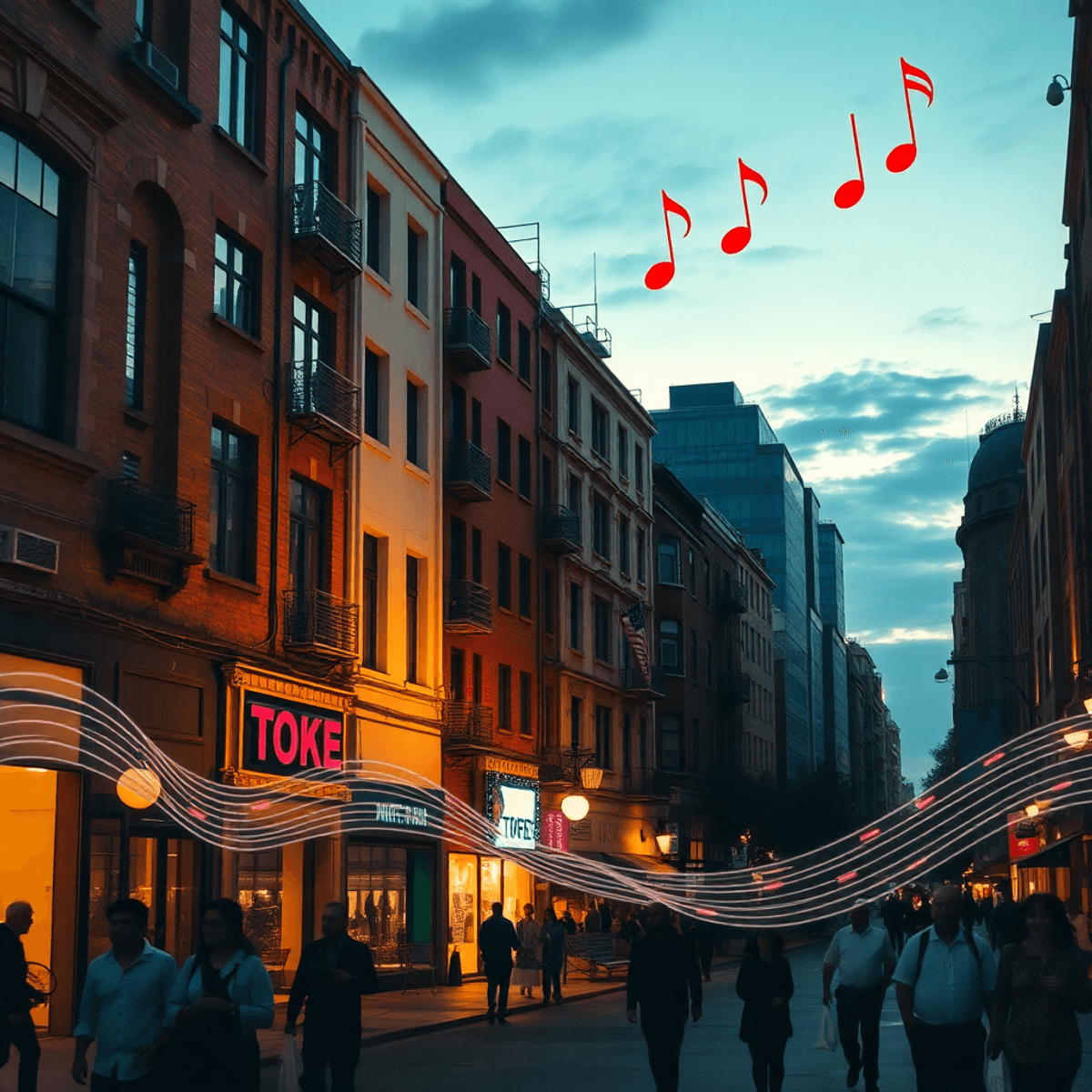 Urban street at dusk with diverse buildings, glowing lights, silhouettes of pedestrians, and abstract sound waves and musical notes blending into t...