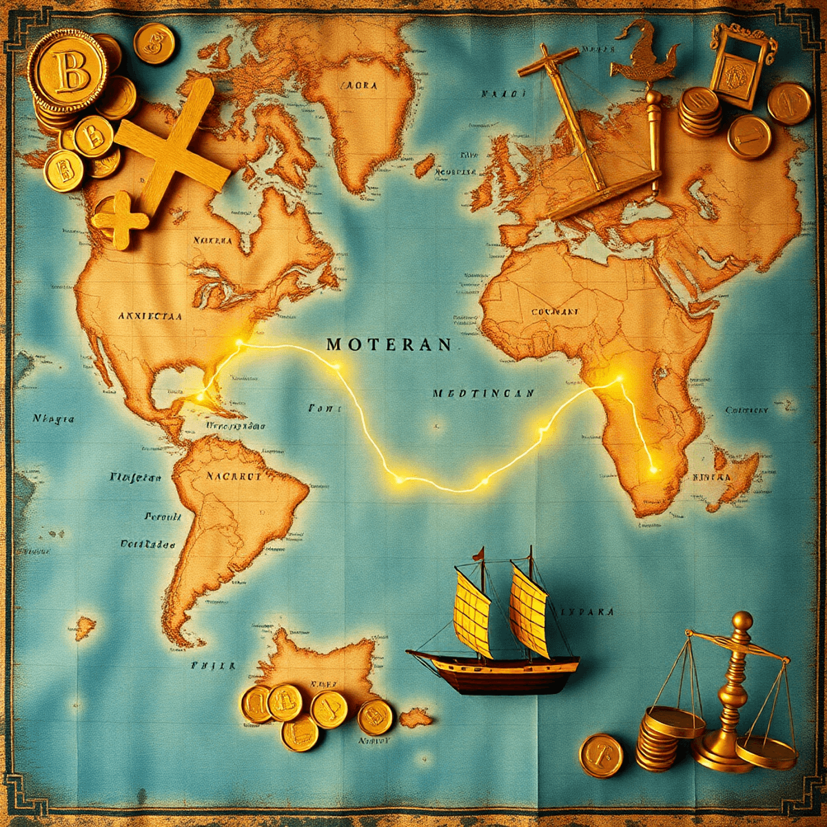 Vintage-style Mediterranean map with glowing trade routes, merchant ships, gold coins, and scales symbolizing medieval maritime commerce.
